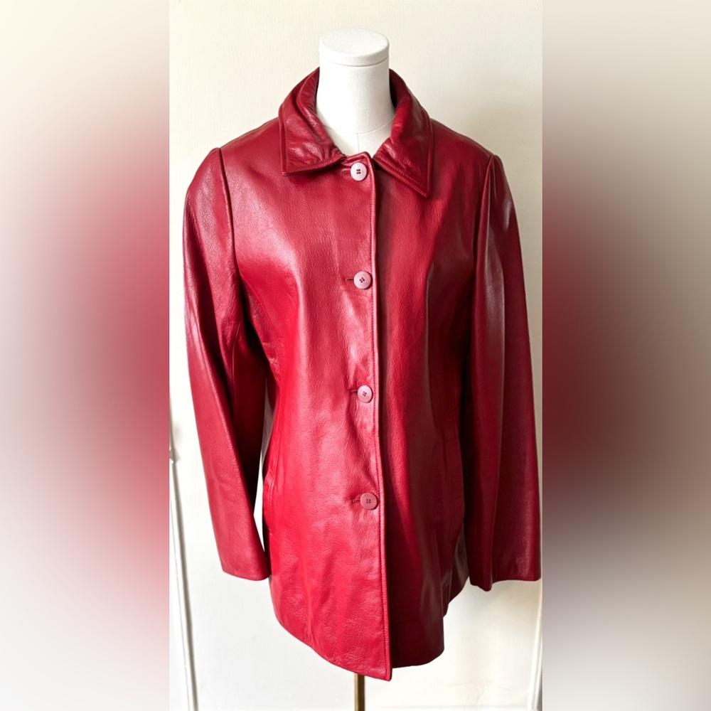 90s Vintage Cherry Red Leather Oversized Flattering Boxy Fit Button Front Jacket - Picture 5 of 16